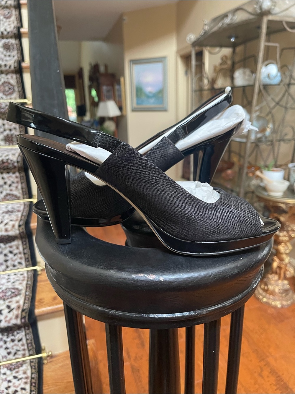 Anne Klein Soft Black Strappy Heels Womens 9.5 Peep Toe Two tone Leather NIB